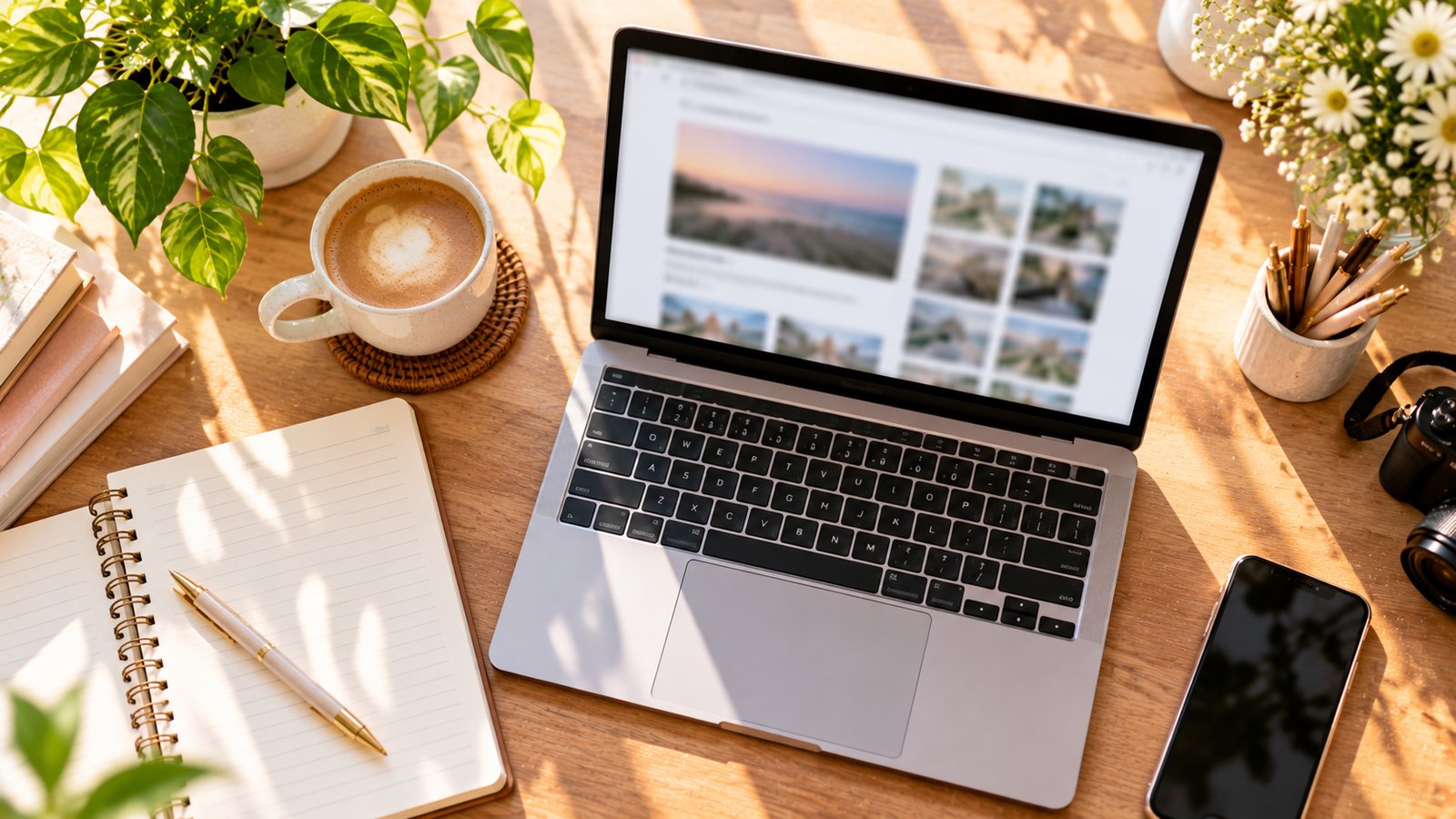 A blogger's desk with a laptop showing a blurred article, a notebook and a coffee cup, bright morning light - Workflow 1: Research Hashtags and Competitor Content