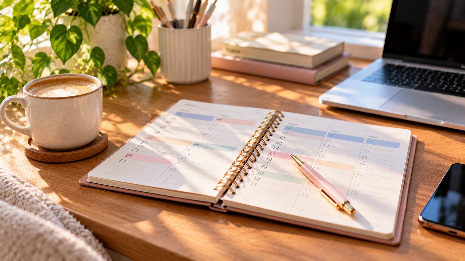 A weekly planner with checked boxes, a pen and a coffee on a wooden desk, morning light - Workflow 2: Plan Your Content Calendar