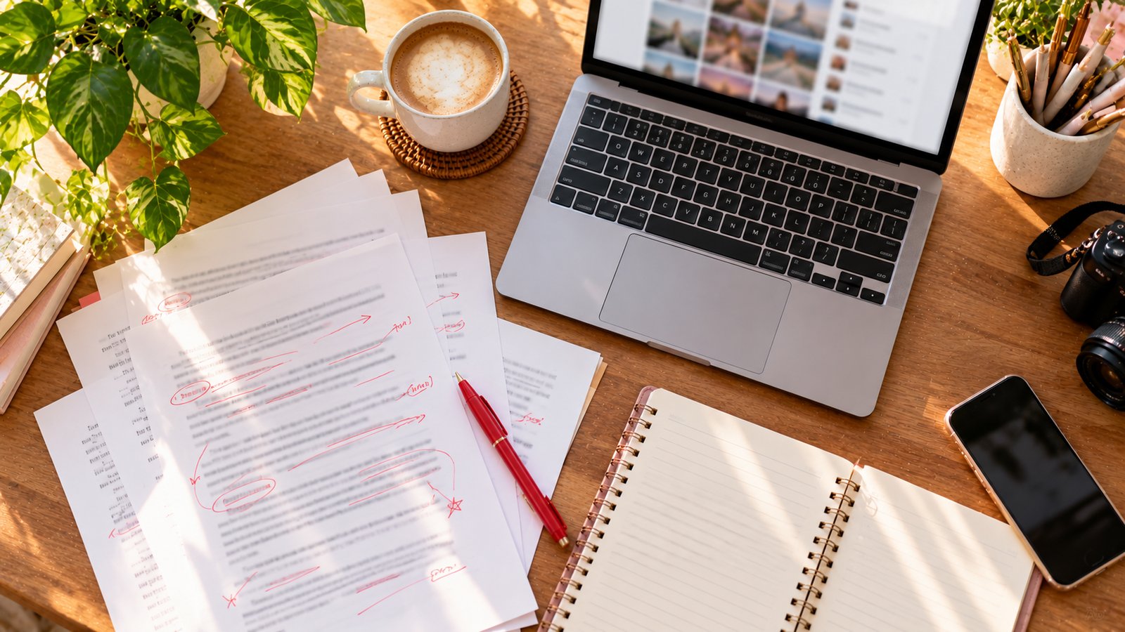 A writer's desk with a laptop, printed draft pages marked in red pen and a coffee mug - Workflow 3: Write Captions and Reel Scripts in Your Voice