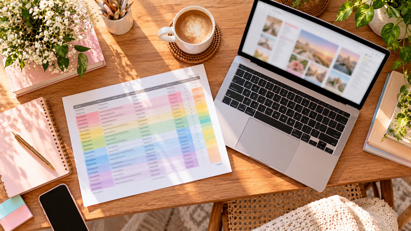 A printed spreadsheet with color-coded highlighted rows beside a laptop and coffee, overhead view, no readable text - Workflow 4: Outline Carousel Slides and Repurpose Blog Posts