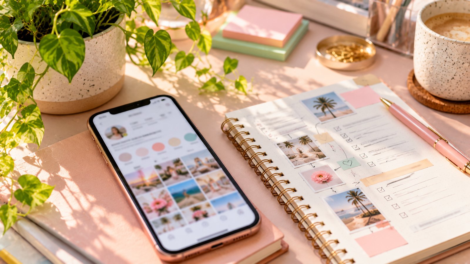 A flat lay of a smartphone, a notebook with content ideas and a small plant on a pastel desk - Workflow 5: Optimize Your Bio and Link in Bio