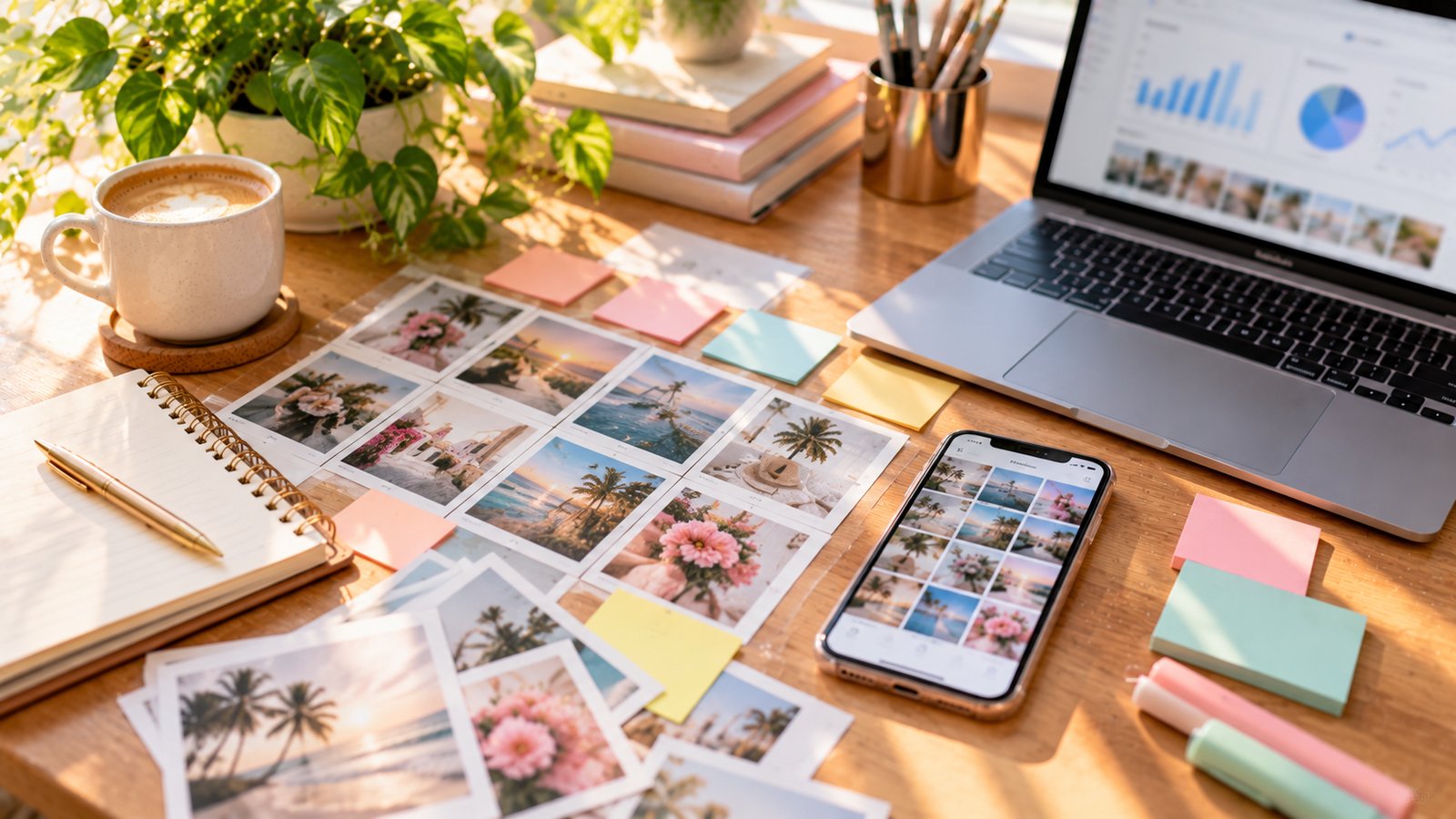 A content planning desk with a phone, printed photo thumbnails and sticky notes arranged in a grid - Workflow 6: Review Your Professional Dashboard Insights