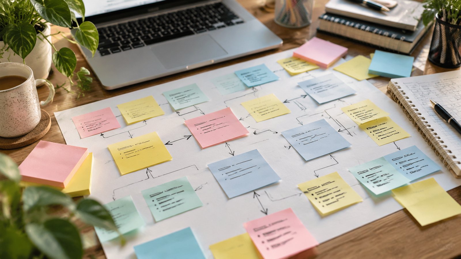 Sticky notes linked by arrows on a large paper site map planning internal links for a blog