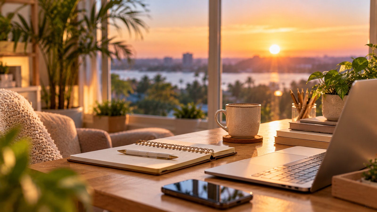 A sunrise view through a home office window with a tidy desk in the foreground - A Cautious Way to Get Started