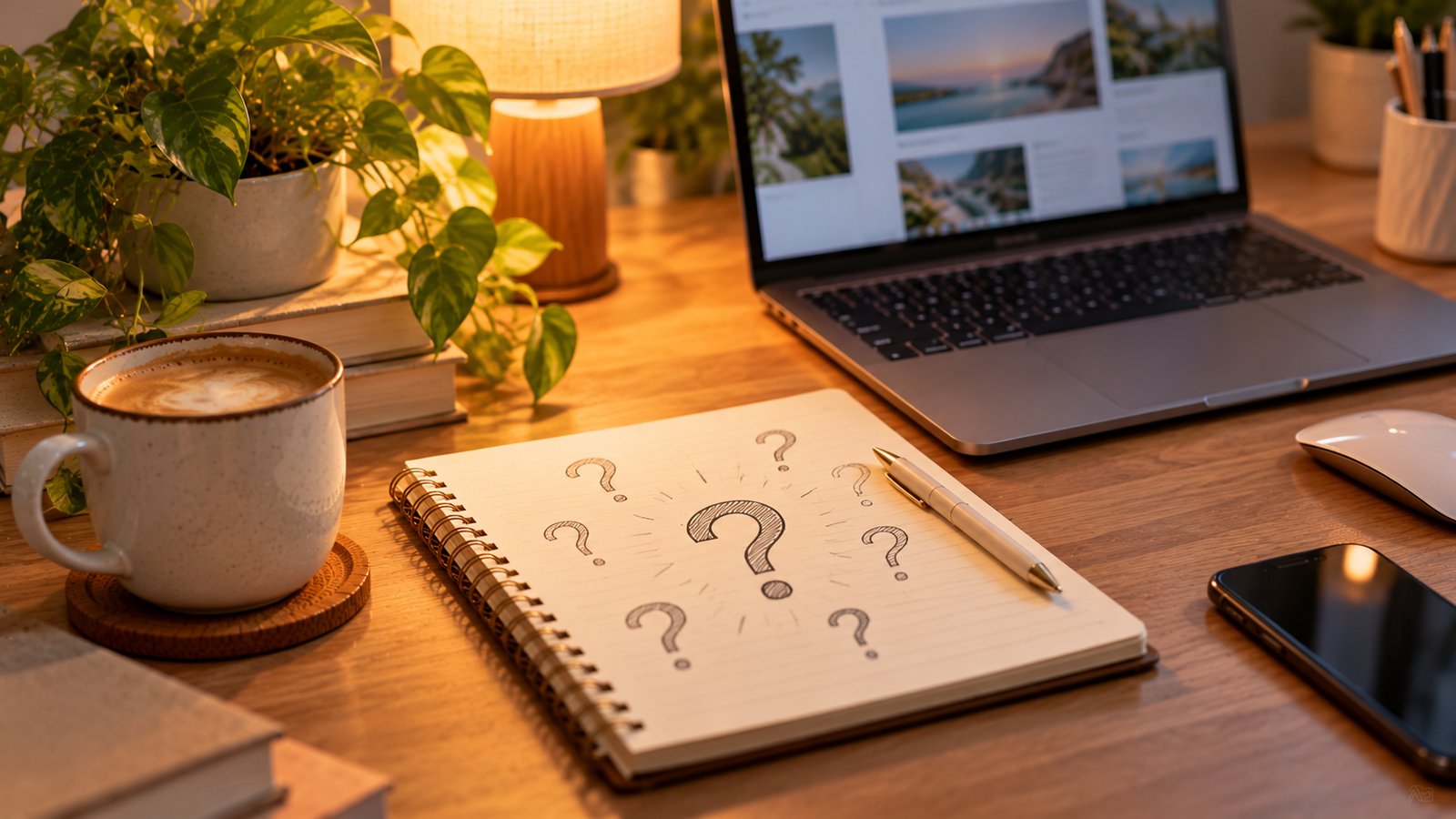 A notebook with hand-drawn question marks beside a laptop and coffee on a tidy desk, no readable words - Frequently Asked Questions