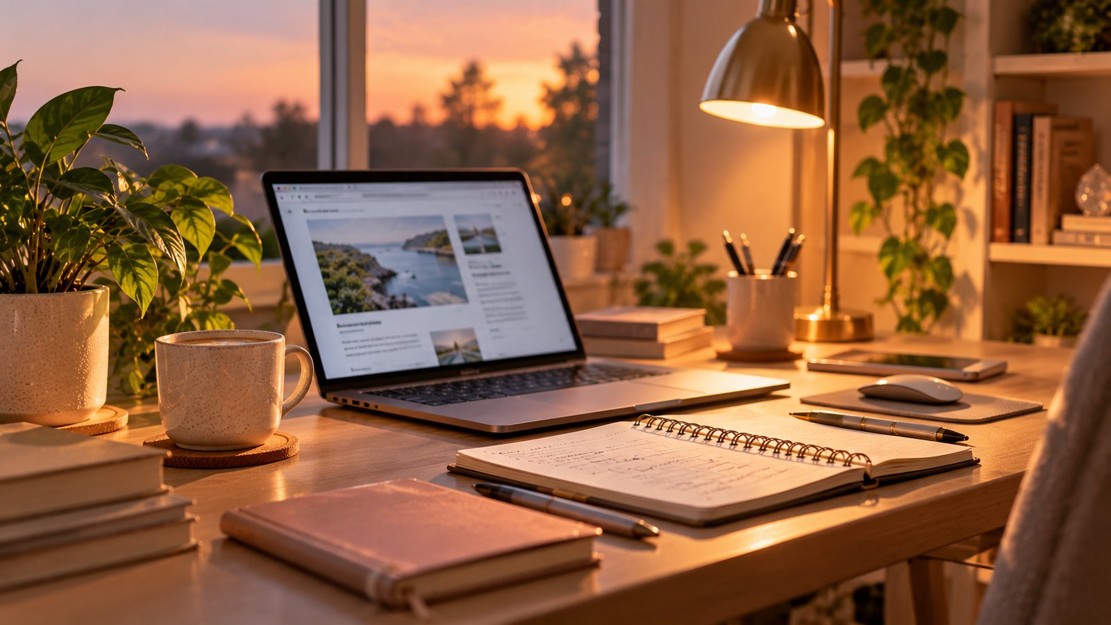 A calm workspace with a laptop and a warm desk lamp at dusk - Improving a Site Before Selling It