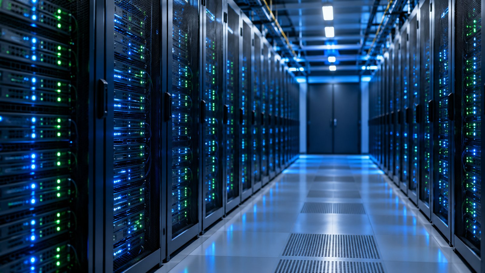 Aisle of server racks with blue status lights in a data center used for offsite cloud backups