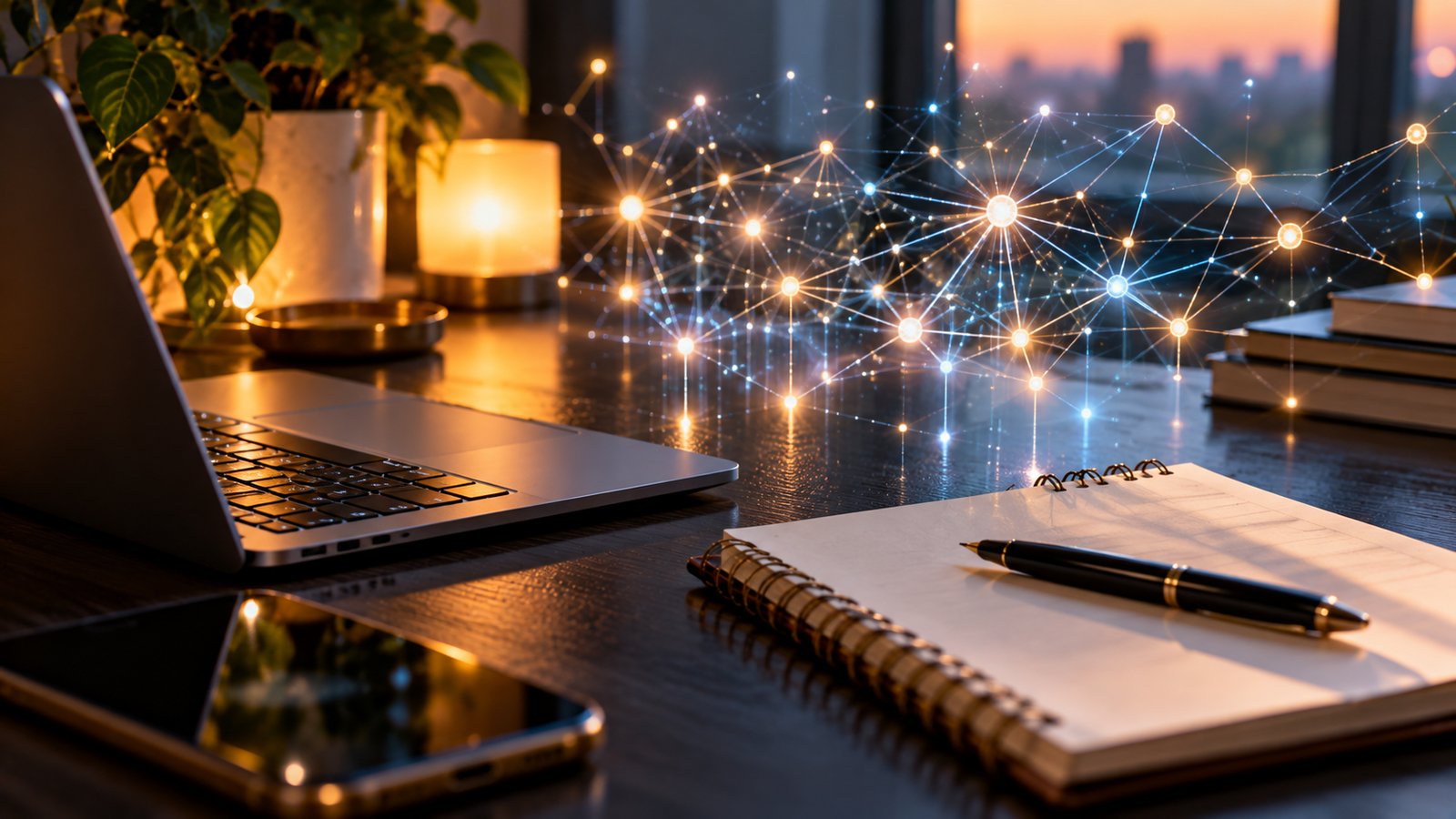 An abstract glowing network of light points over a dark desk with a laptop, conveying artificial intelligence, no text - A Posting Checklist for AI-Assisted Content