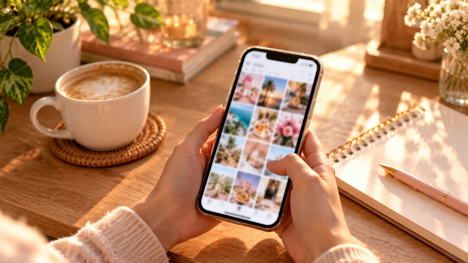Hands holding a smartphone showing a blurred colorful photo grid feed above a desk with a coffee and a notebook - Facebook, Instagram and Threads