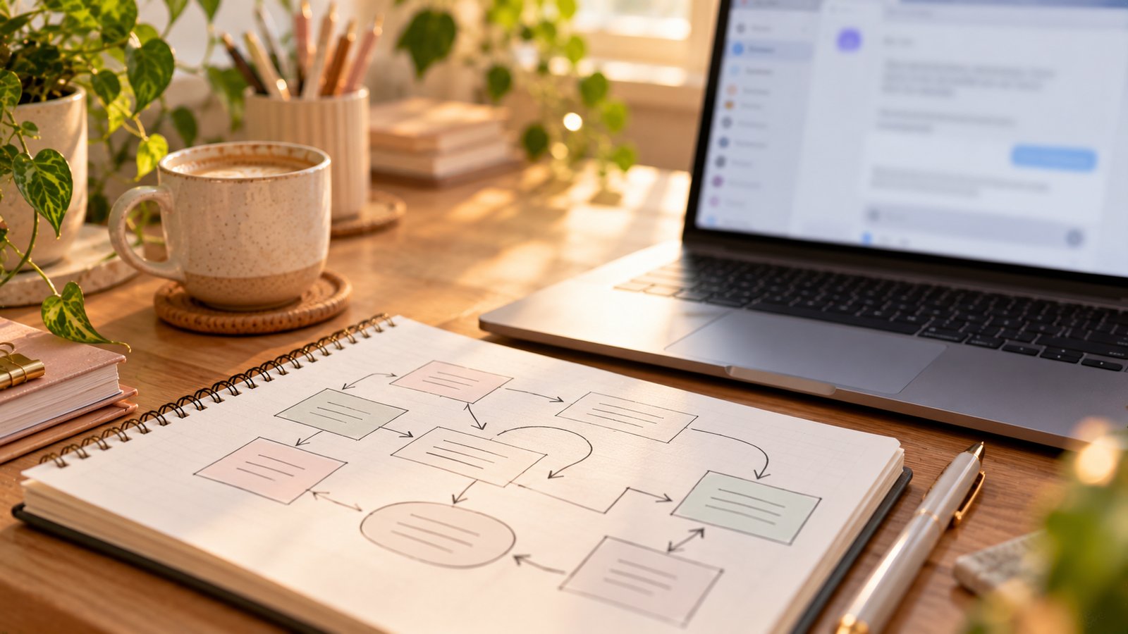 A notebook with hand-drawn flow arrows between boxes beside a laptop showing a blurred chat window - Google Search and AI Content on Your Blog