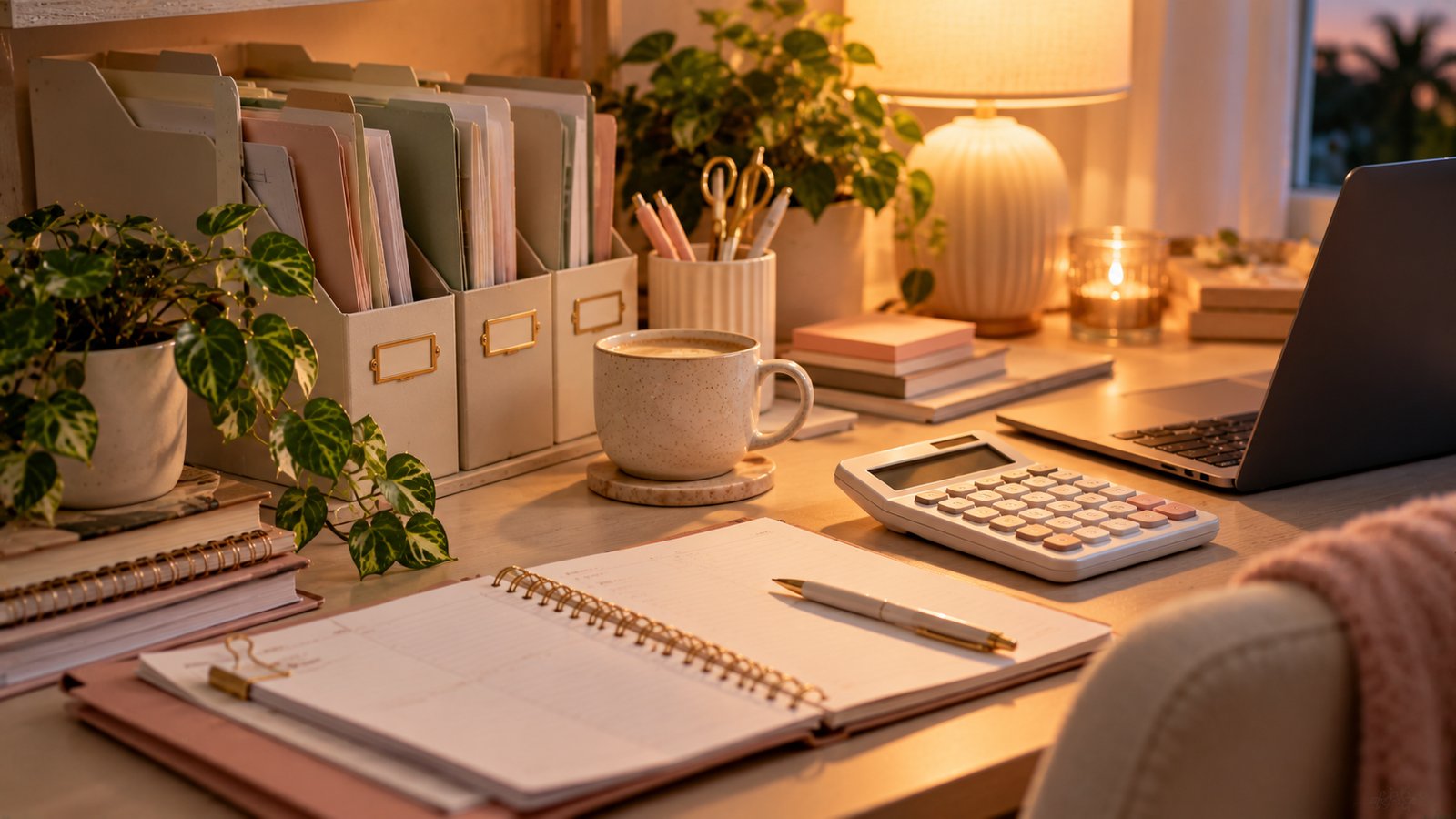 A tidy bookkeeping desk with labeled folders, a calculator and a coffee, no readable text - Keeping Records of How Content Was Made