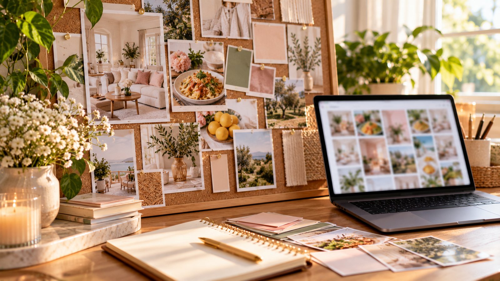 A cork mood board with pinned photos of home decor and recipes beside a laptop, no readable text - Pinterest