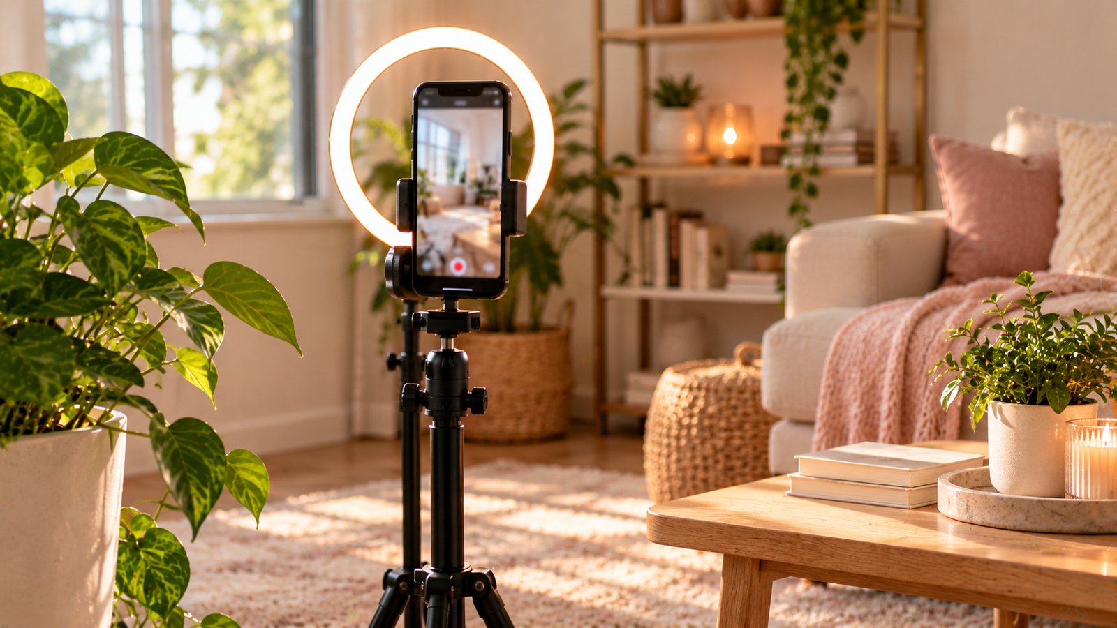A smartphone mounted vertically on a tripod with a small ring light in a tidy living room filming corner, no people - TikTok