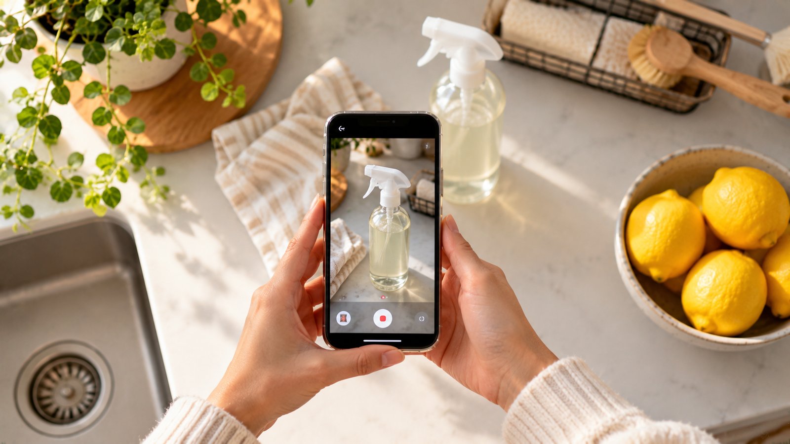 Hands holding a phone vertically filming a cleaning spray on a kitchen counter, no face visible - What Counts as "Realistic"
