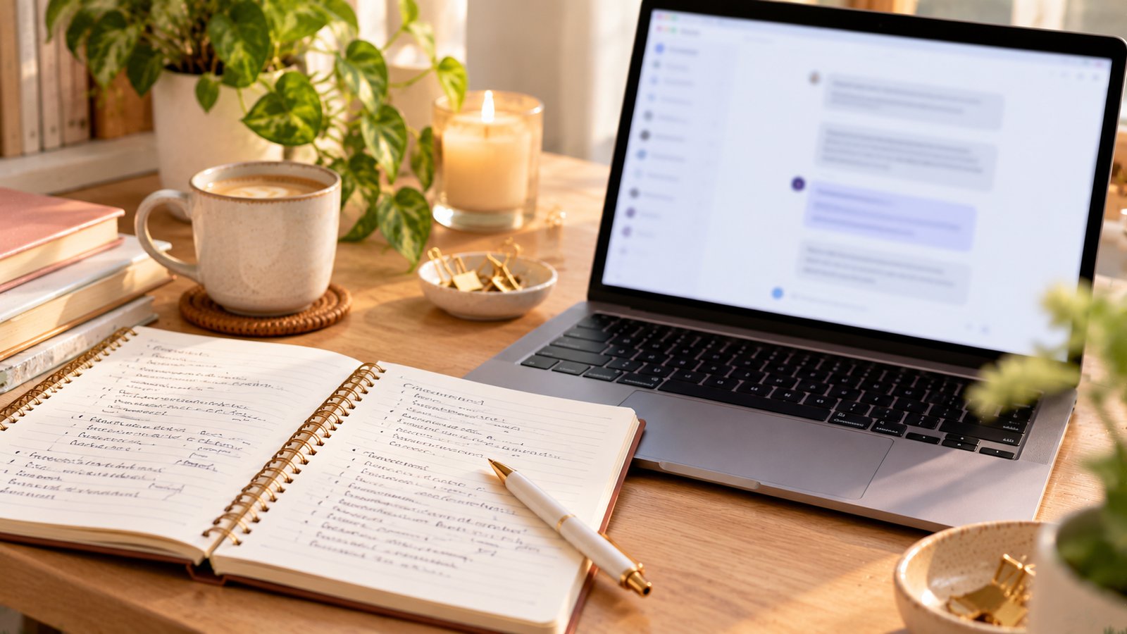 A laptop with a blurred chat-style interface on screen beside a notebook of handwritten prompt drafts, soft light - Why Platforms Label AI Content