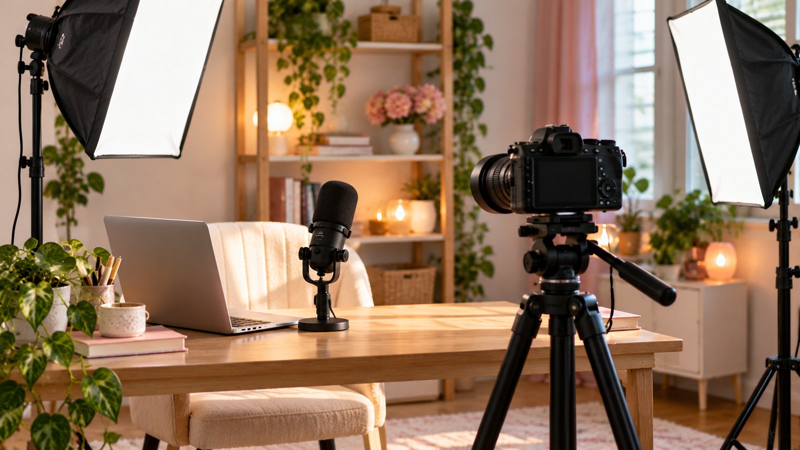 A home video studio corner with a camera on a tripod, softbox lights and a microphone on a desk, no people - YouTube