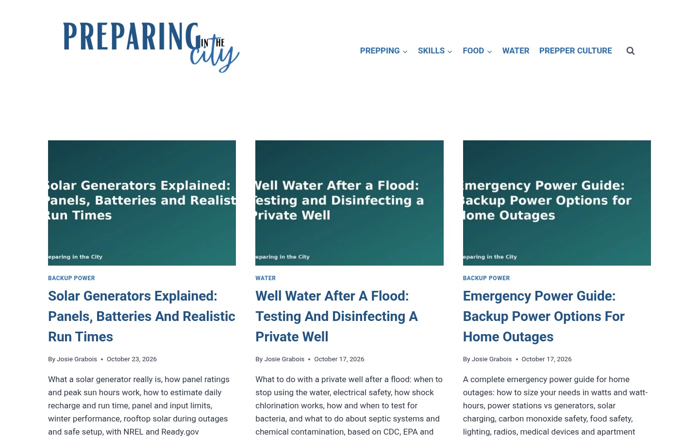 Homepage screenshot of PreparingInTheCity.com urban prepping and survival website