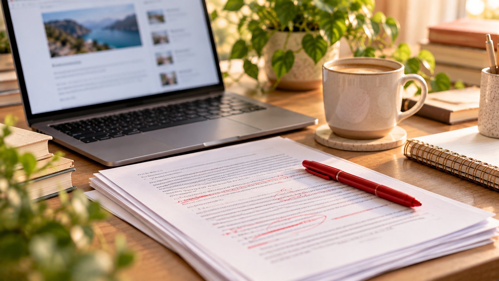 A writer's desk with a laptop, printed draft pages marked in red pen and a coffee mug - A Simple Schema Checklist