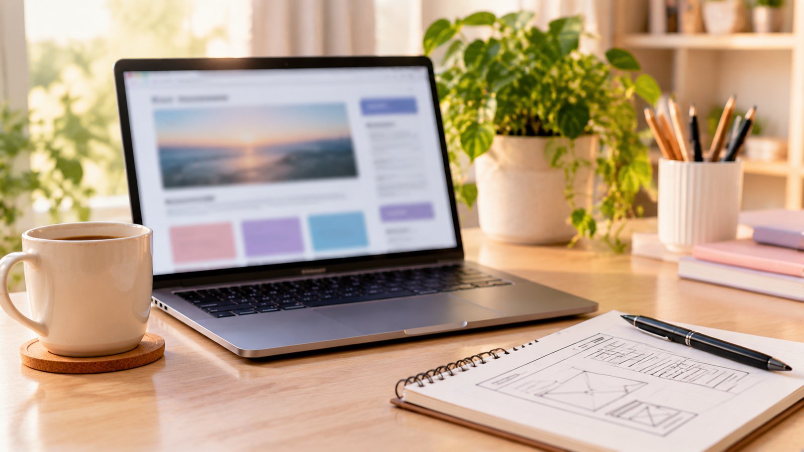 A laptop showing a blurred generic website layout with color blocks on a minimal desk beside a sketchbook of wireframes - How Schema Works in WordPress