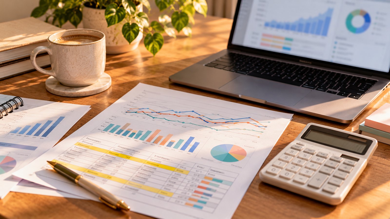 A printed chart report with highlighted rows beside a calculator and laptop, overhead view, no readable text - How to Test and Monitor Markup