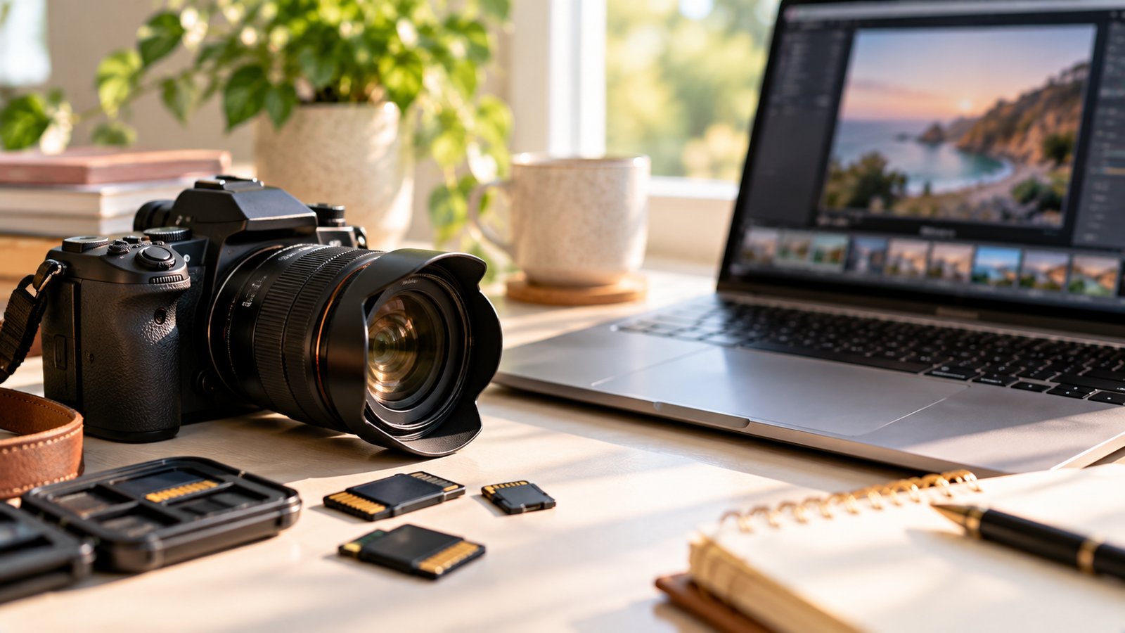 A camera, memory cards and a laptop showing a blurred photo editor on a bright desk - Images and Dates in Markup