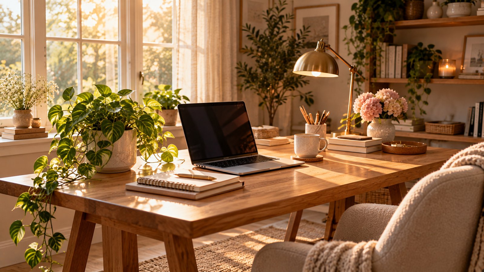 A cozy home office with a laptop, a plant and a mug on a wooden desk, soft window light - Types That Still Matter for Most Blogs