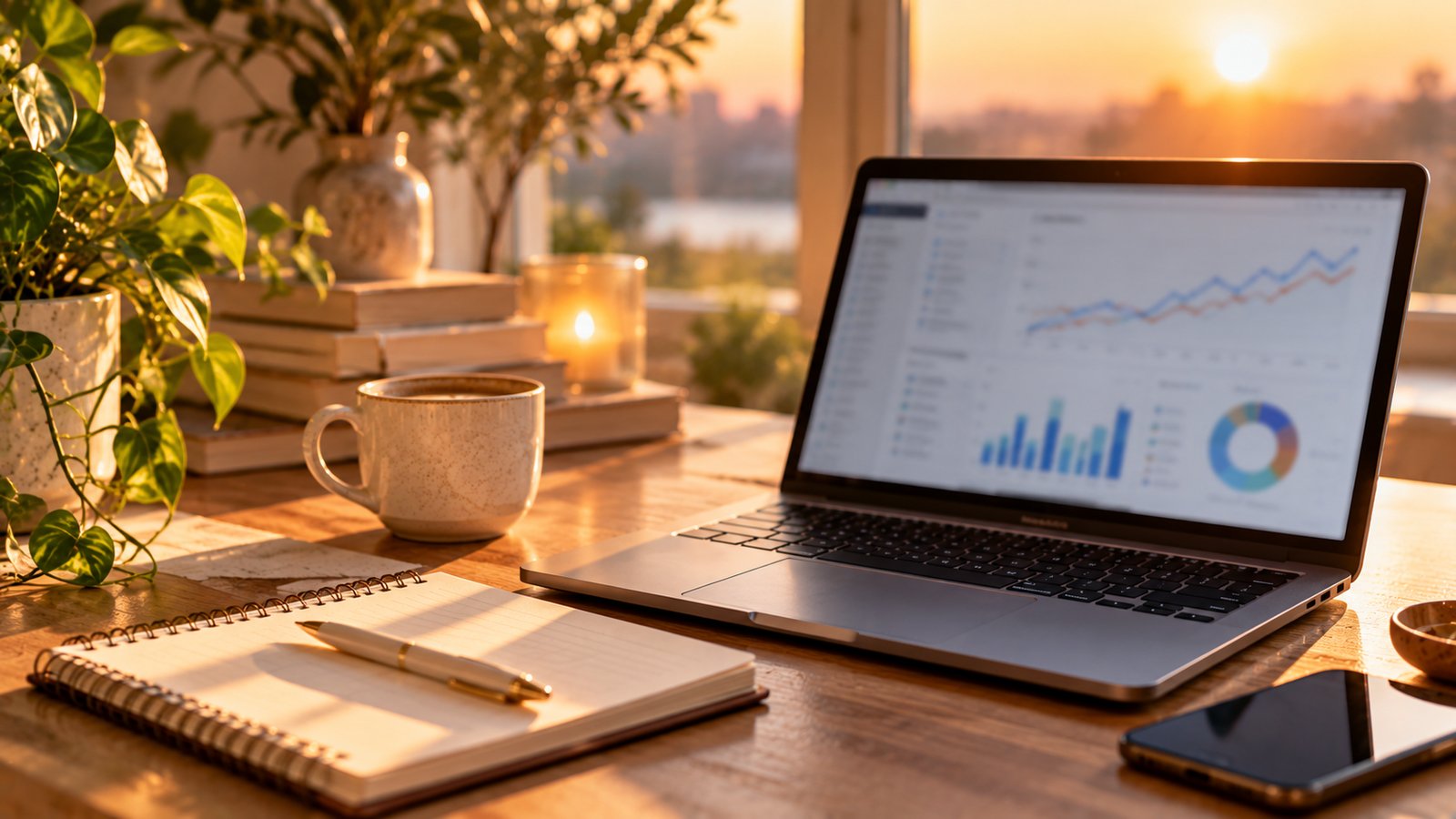 A laptop showing blurred line and bar charts on a dashboard beside a notebook with a pen and coffee - Types That Stopped Paying Off