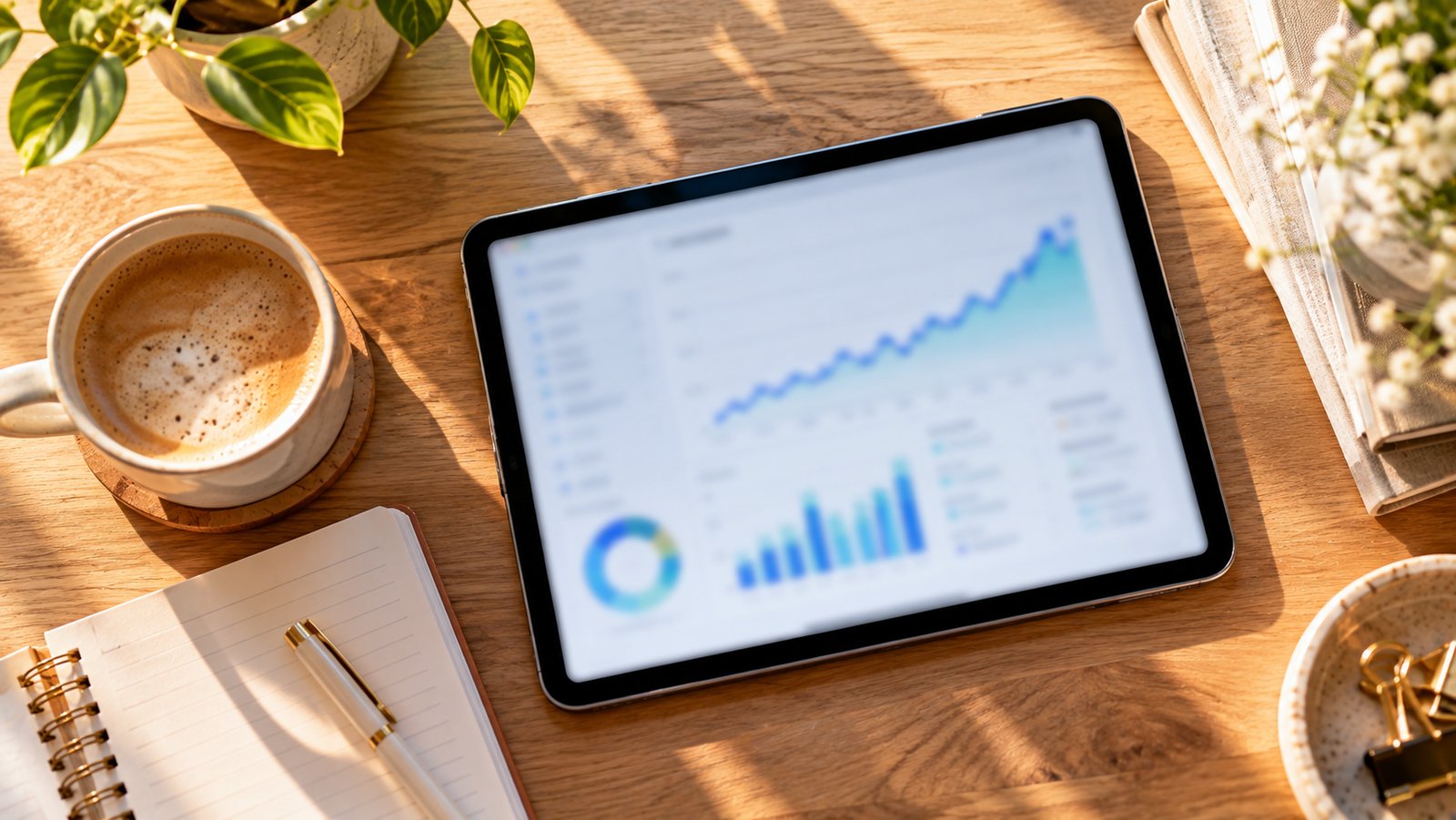 A tablet showing blurred upward trending graphs on a wooden desk at morning light - What Structured Data Actually Does