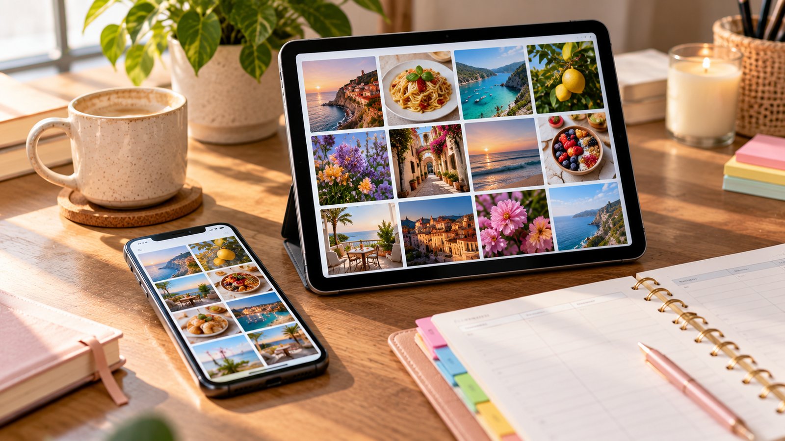 Phone and tablet showing grids of social media photo tiles beside an open planner