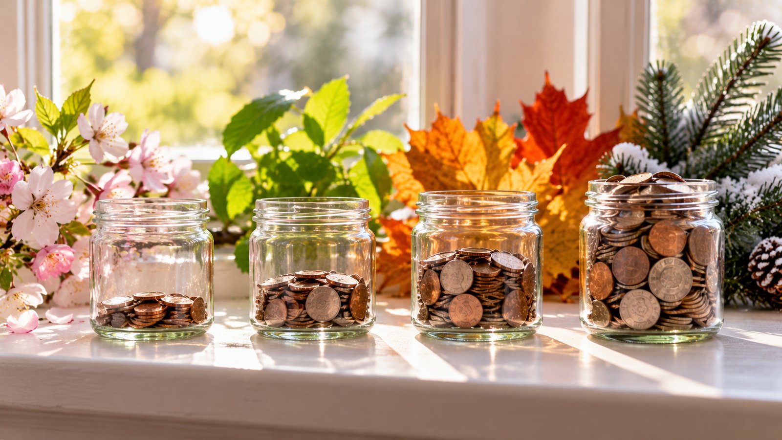 Four glass jars with increasing coins and seasonal leaves representing quarterly tax planning