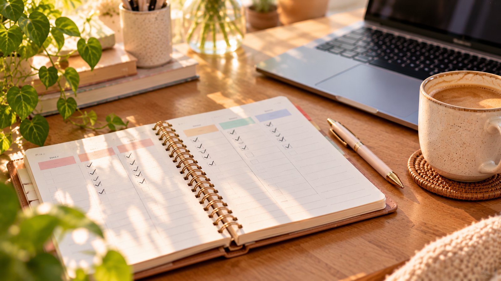 A weekly planner with checked boxes, a pen and a coffee on a wooden desk, morning light - Publishing Order and Pace