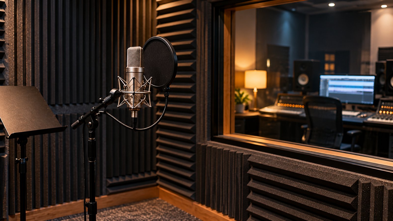 Empty voiceover recording booth with acoustic foam and a studio microphone