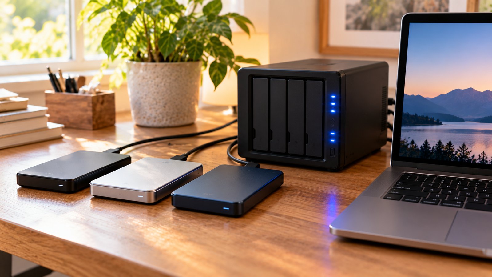Three external hard drives and a network storage box beside a laptop for a layered backup strategy