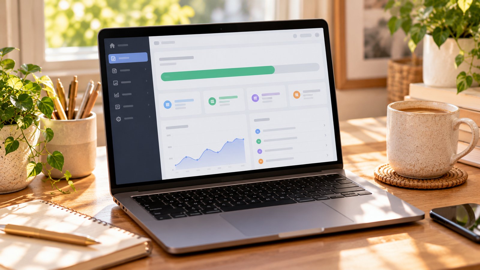 Laptop showing a website dashboard with a backup progress bar